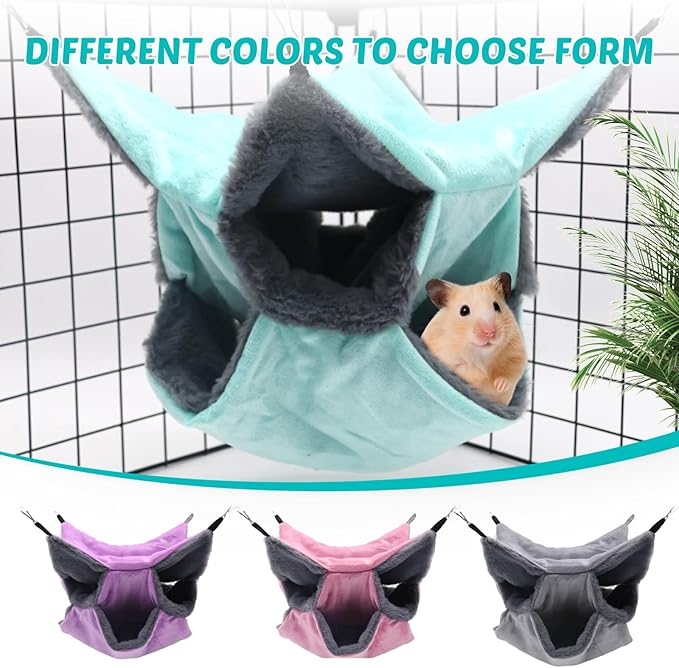 LYART Sugar Glider Pouch Hammock Bed Bedding, Sugar Glider Cage Accessories Toys for Rat, 3-Layer Hammock Make Pet Cages More Three-Dimensional (3.Grey+Mint)