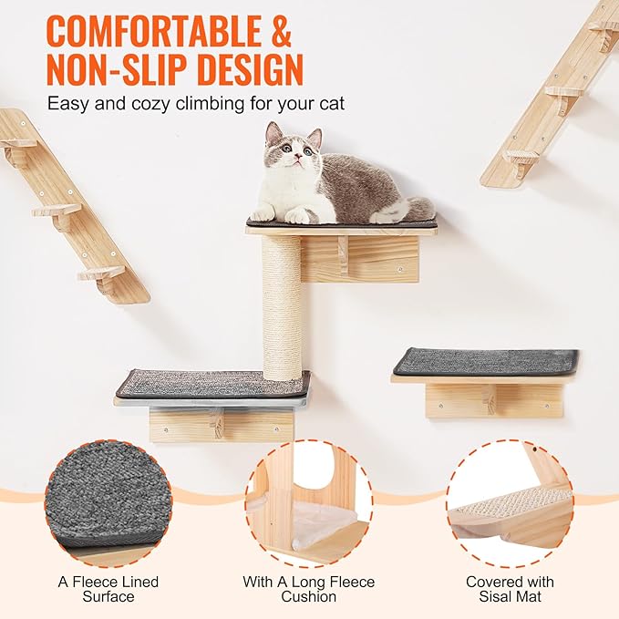 VEVOR Wall Mounted Cat Shelves, Cat Wall Shelves and Perches with Jumping Boards, Cat Beds, Hammocks & Cat Tree, Cat Furniture and Shelves up to 40 lbs for Sleeping, Playing, Climbing, Set of 9