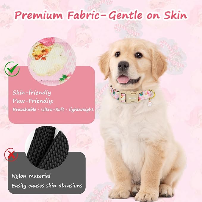 Christmas Dog Collar for Medium Dogs, Adjustable Poly-Cotton Fabric Collar with Santa Pattern, Cute Pink Dog Collar for Dogs, Medium Dog Collars Girls Dog Collars