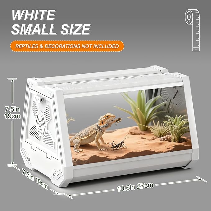Reptile Terrarium,Anti-Breakage Lizard Cage, High-Transparency Viewing Window,Dual-Side Escape-Proof Doors,Integrated Lighting,Ideal for Mini Gecko,Insect,Tarantula,Frog，White