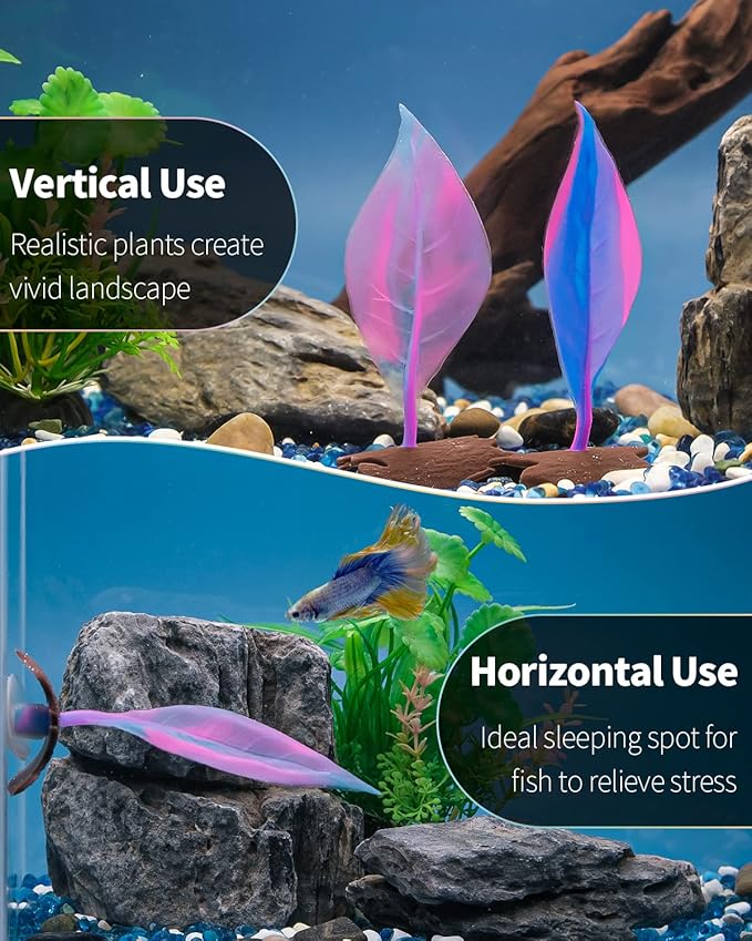 Uniclife Betta Leaf Hammock Soft Aquarium Rest Bed Fish Breeding Playing Pad with Suction Cup and Lifelike Bark Ornament Colorful Silicone Decoration for Fish Tank Landscape, 2 Pack