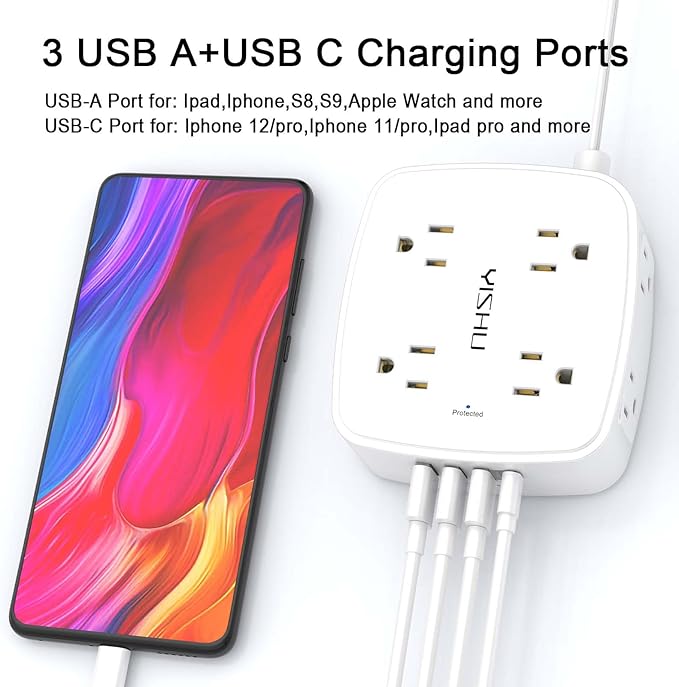 6 Ft Surge Protector Power Strip - YISHU 8 Widely Outlets with 4 USB Ports, 3 Side Outlet Extender with 6 Feet Flat Extension Cord, Ultra Flat Plug, Wall Mount, Desk USB Charging Station, ETL, White