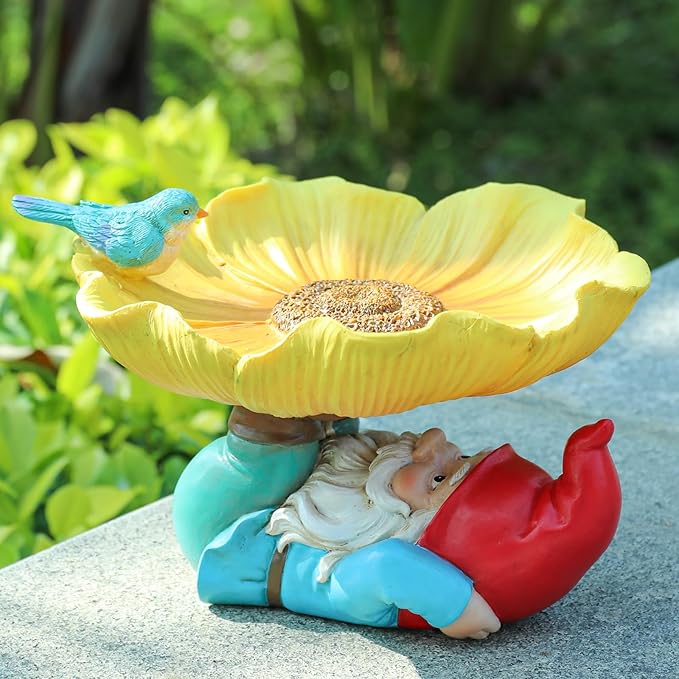 MUMTOP Bird Baths for Outdoors, Outdoor Garden Birdbath Bowl Resin Sunflower Bird Baths and Feeder with Funny Gnome for Outside Yard Table Decor