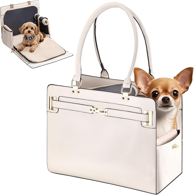 Dog Purse Carrier for Small Dogs, Stylish Foldable Pet Carrier Purse Tote Bag with Washable Cushion & Safety Leash, Airline Approved Puppy Travel Bag with Pockets (White)