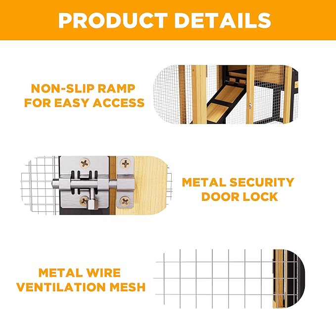 Bunny Cage Premium Rabbit Hutch with Leak-Proof Roof, 2-Story Bunny House for Guinea Pigs & Hamster, Wooden Chicken House with Deep Pull-Out Tray, Waterproof Chicken Coop for Outside (Yellow Black)