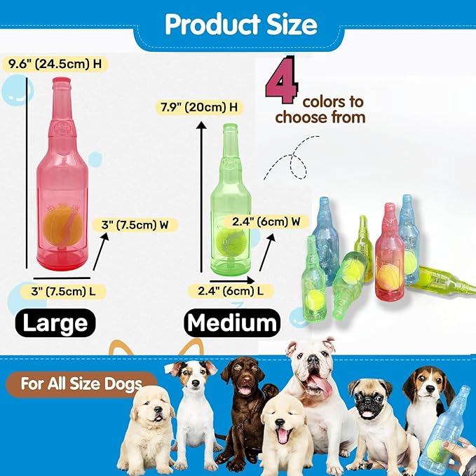 Cute Tough Dog Toy Rubber Bottle Squeaky Dogs Chew Toy Long Lasting Interactive Fetch Toy for Teething Tennis Ball Included (Green, Large)