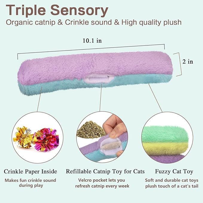Retro Shaw Cat Toys Kicker Pillows 3Pcs, Crinkle Refillable Catnip Toys for Indoor Cats Kitten, Christmas Interactive Cat Nip Chew Kitty Kick Sticks 10.1 Inches