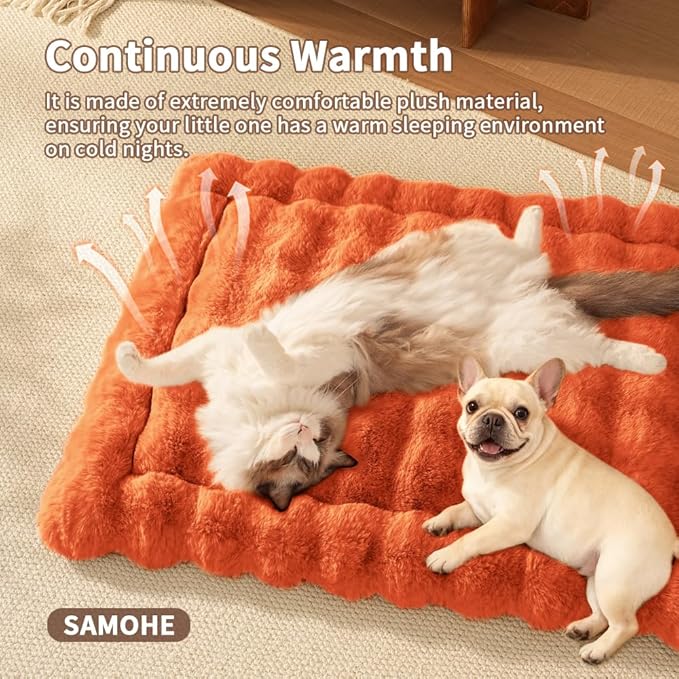 Self-Warming Dog Bed, Plush Faux Fur Mat with Anti-Slip Bottom, Ultra Soft Heated Pet Bed for Medium Large Dogs, Cozy Fluffy Pad for Carriers Couch Crate, Machine Washable, 35 x 27 Inch Orange