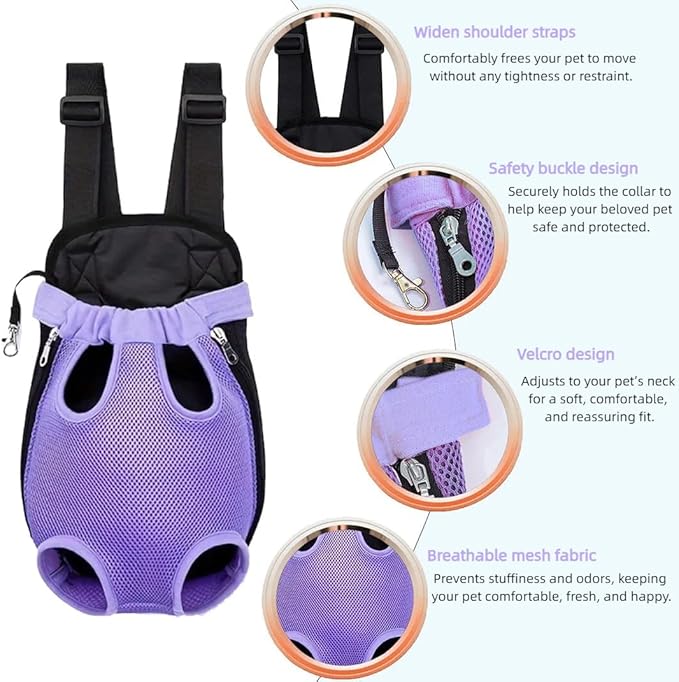 Pet Dog Carrier Backpack, Portable Breathable Mesh Chest Carrier, Polyester Woven Double Shoulder Pet Bag for Outdoor Adventures (Purple, X-Large)