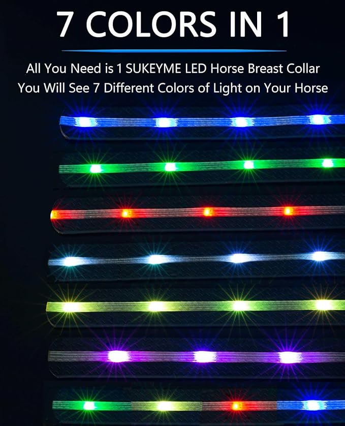 LED Horse Breastplate Collar - 7 Colors in 1 Light Up Horse Tack, USB Rechargeable - Added Visibility & Safety for Night Riding