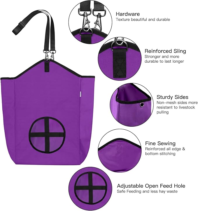 Goat Hay Feeder,Hay Bags for Goats,Horses,Sheep,Premium 600D Oxford Cloth,with Metal Fastener and Adjustable Open Feed Hole for Slow Feeding,Easy to Fill and Hang with Large Opening (Purple)