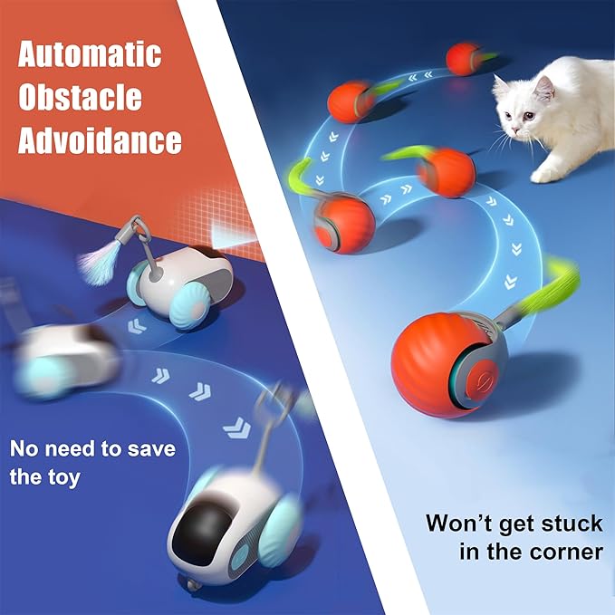1pc Interactive Automatic Remote Control Cat Mice Car Toy and 1pc Smart Electric Moving Speedy Cat Ball Toy with Feather Tail, Suitable for Dogs, Keep Busy, Stimulating, Rechargeable (orange)