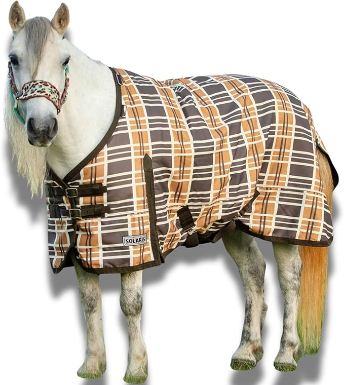 Jeffers Pony Poppins Solaris 1200 Denier Turnout Blanket Brown & Cream Plaid 51" - Waterproof, Breathable Horse Blanket with 0 gram Polyfill, No Insulation, Ideal Protection for Wind & Rain,