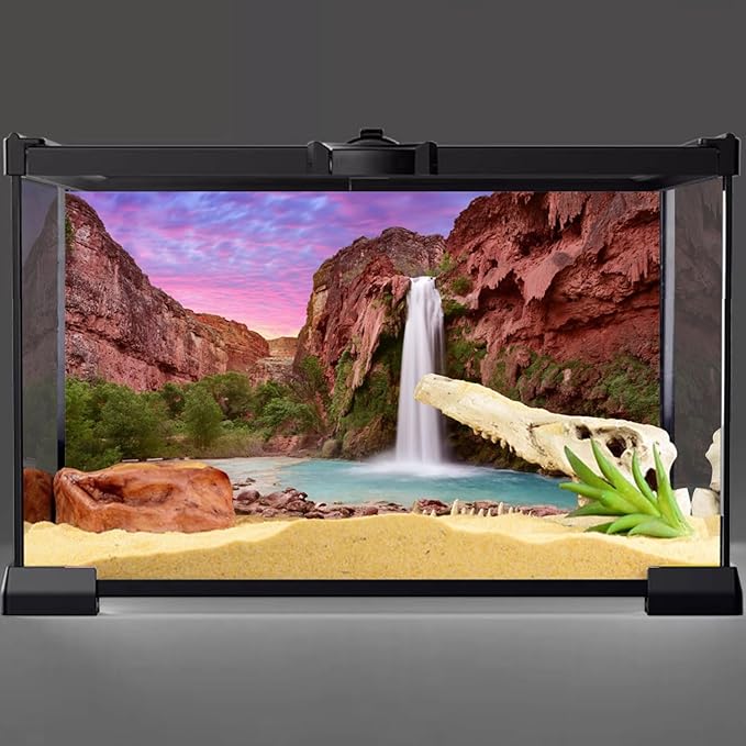 AWERT 48x18 inches Reptile Habitat Background Sunset Mountain Waterfall Terrarium Background Durable Polyester Background