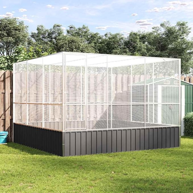 Large Metal Heavy Duty Walk-in Aviary Cage, Ample Activity Space Bird Cage with Lockable Door Also for Chickens and Rabbits, Silver 122.4"x120.9"x83.5" Steel,-512