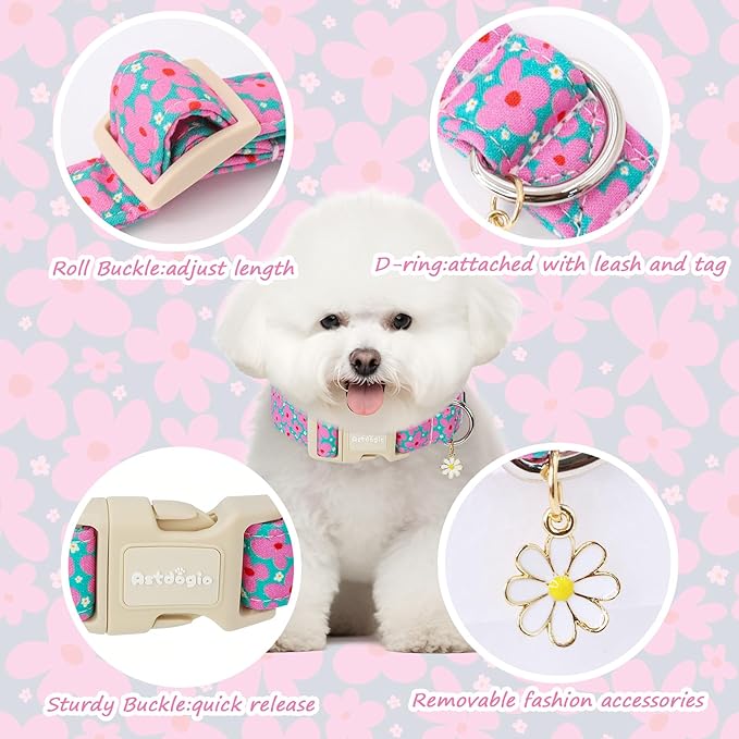 Cotton Floral Dog Collar,Green Dog Collar with Pink Flower, Adjustable Puppy Dog Collars for Small Medium Large, Cute Girl or Boy Dog Collar Ideal for Gifts,Pet Accessory,S