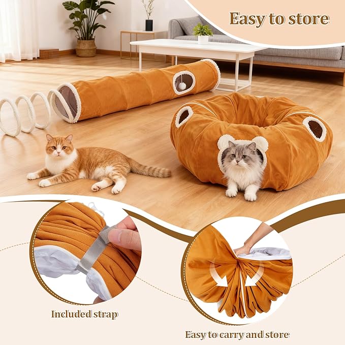 Ownpets 2-in-1 Cat Tunnel, Large Lollipop Shape Cat Tunnel Toy with Fluffy Balls, Spiral Toy, Plush Collapsible Cat Cave Hideout Donut Tunnel for Multi Kitten Puppy Rabbit, Orange