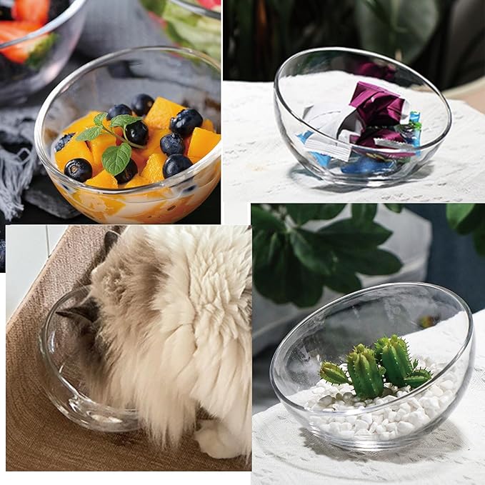 TOSSOW transparent glass set with 2 transparent slanted tilted bowls, suitable for salads, fruits, candies, popcorn, dipping sauces, seasonings, snacks, oatmeal, cat food bowls, plants, etc.