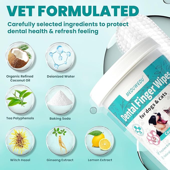 Dental Care Finger Wipes 120 Counts,Teeth Cleaning Finger Wipes for Dogs & Cats,Reduces Plaque & Supports Oral Freshness, Small Animal Stain Removers, Coconut Scent