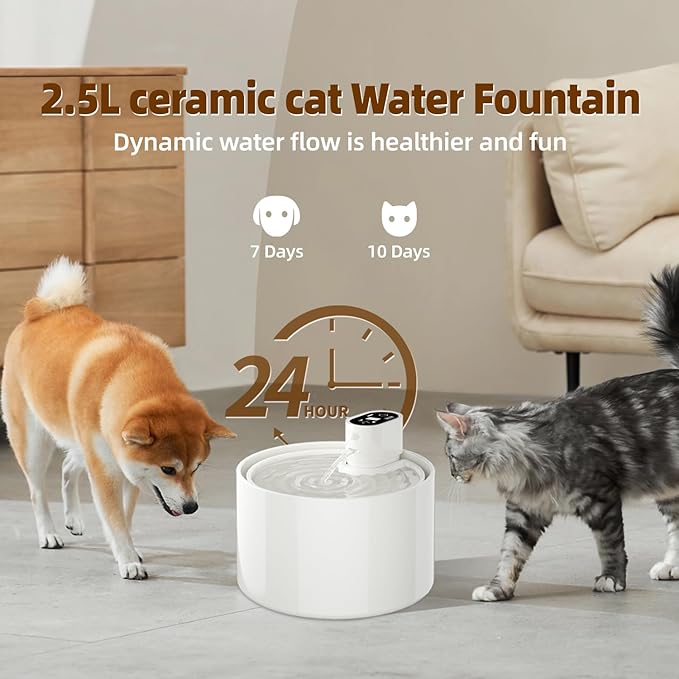 Ceramic Cat Water Fountain,Cat Water Fountain Cordless Automatic with 4 Filter for Cats, Dogs, Multiple Pets