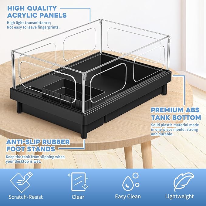 Small Turtle Tank, Aquarium, Acrylic Terrarium with Basking Platform, Bottom Drainage, Multi-Function Areas for Turtles, Crabs, Crayfish, Reptiles.(Black+Filter)