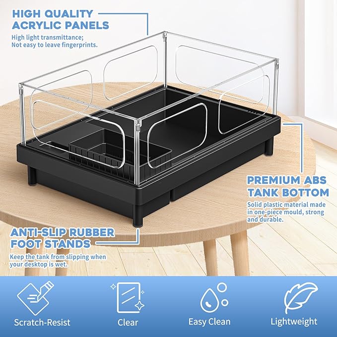 Small Turtle Tank Kit, Acrylic Turtle Tank Starter Kit with Basking Platform, Bottom Drainage, Multi-Function Areas for Turtles, Crabs, Crayfish, Small Reptiles (Black+White)
