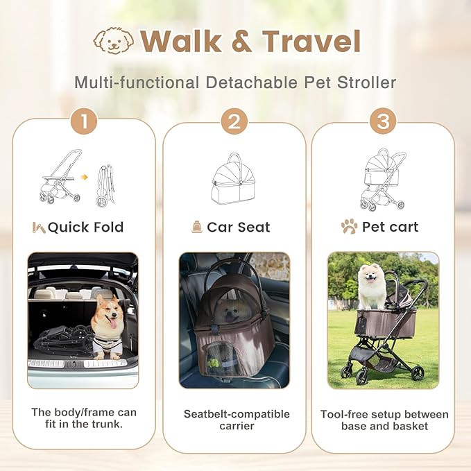 Wdyvko 3 in 1 Dog Stroller, Upgraded Frame, Up to 44lbs Pet Stroller with Dog Poop Bags & Dispenser, Zipperless Entry, Storage Basket & Pouch for Small Dogs Cats (Coffee)