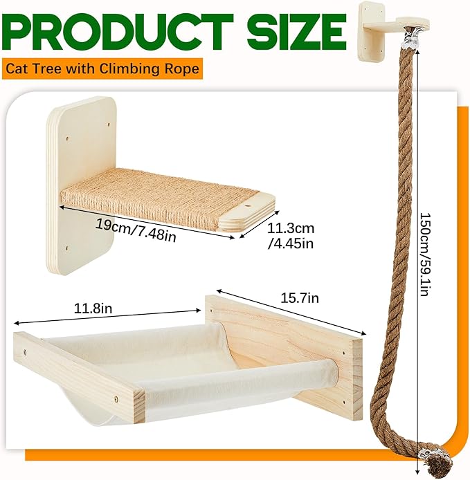 Weysat 3 Pcs Cat Wall Hammock Mounted Shelves with 4.92 ft Climbing Rope Steps and 15.8 x 11.8 Inch Cat Bed Kitten Tree Scratching Rope Climbing Tower Wall Shelves Perch Pet Furniture for Playing Rest
