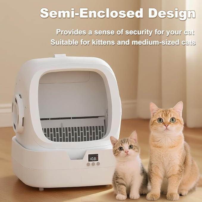 Automatic Cat Litter Box Self Cleaning - APP Control and Weight Monitoring - Ultra-Quiet, Suitable for Medium Cats and Kittens, Safe Anti-Pinch Litter Box (Assembly Required) -White