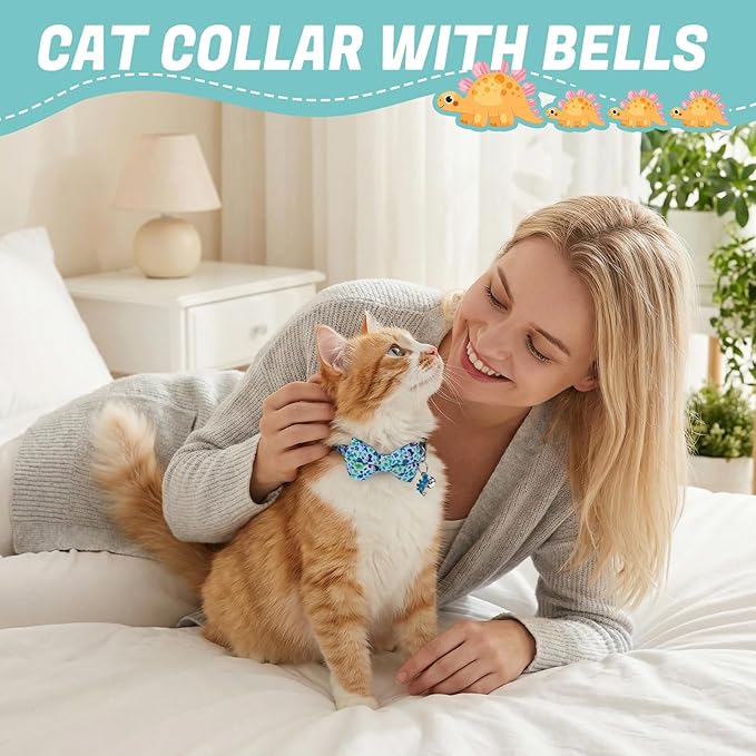 4 Pcs Breakaway Cat Collar with Bow Tie and Bell Dinosaurs Cat Kitten Collar with Removable Bowtie Adjustable Safety Collars for Boy Cats