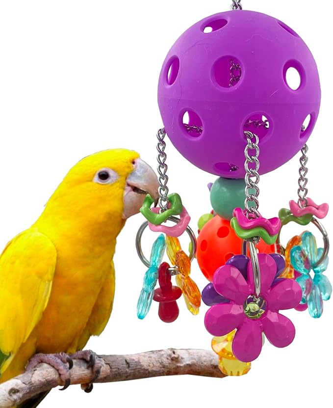 Pullable Bird Plastic Ball Toys with Acrylic Pacifiers and Flowers, Colorful Parrot Toys for Medium and Large Parrot Quaker Monk Parakeet Sun Conures (Purple)