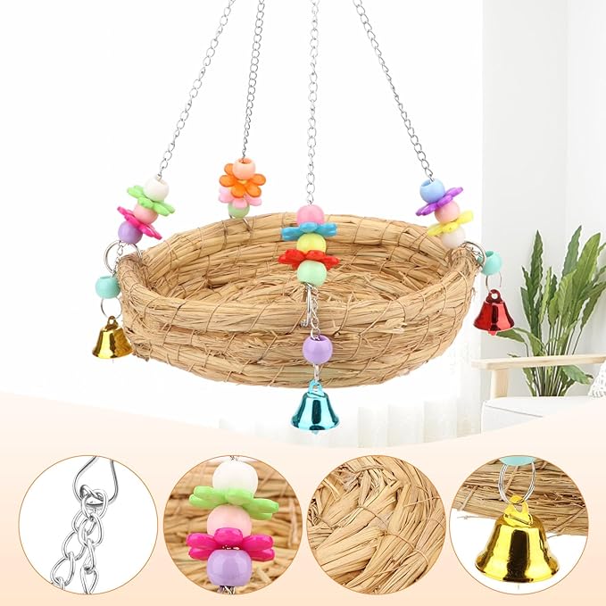 Hypeety Natural Handwoven Straw Nest Bed Large Bird Swing Toy with Bells for Parrot Cockatiel Parakeet African Grey Cockatoo Macaw Budgie Canary Lovebird Cage Perch (A)
