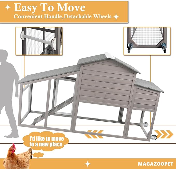 Chicken Coop with Wheels, Weatherproof Outdoor Chicken Hen Houses with Run, 2 Story Wooden Poultry Coops Rabbit Hutch for 2-3 Chickens Bunny with Leakproof Tray, Nesting Boxes, Ramp