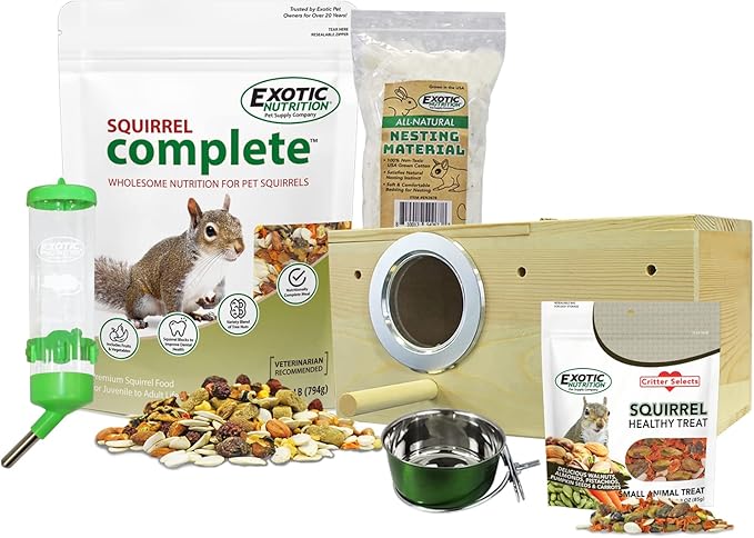 Exotic Nutrition Starter Package for Squirrels - Includes Healthy Food, Nest Box, Nesting Material, Natural Treat, Water Bottle & Food Dish