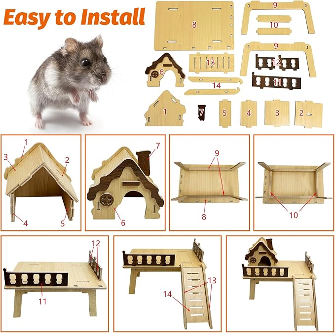 Hamiledyi Wooden Hamster Platform & House Mouse House with Climbing Ladder Cute Habitat Hut Hideout Small Animals Cage Accessories for Dwarf Hamster Mice Gerbil and Other Similar Sized Animals