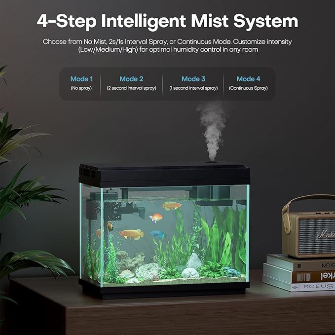 Fish Tank Smart Aquarium Kit: 2.5Gal Auto-Humidifying with Intelligent Mist Spray, Ultra-Quiet Silent Pump, Multi-Layer Filtration System, 7 Color Lights&LED Display-Desktop Decor for Room