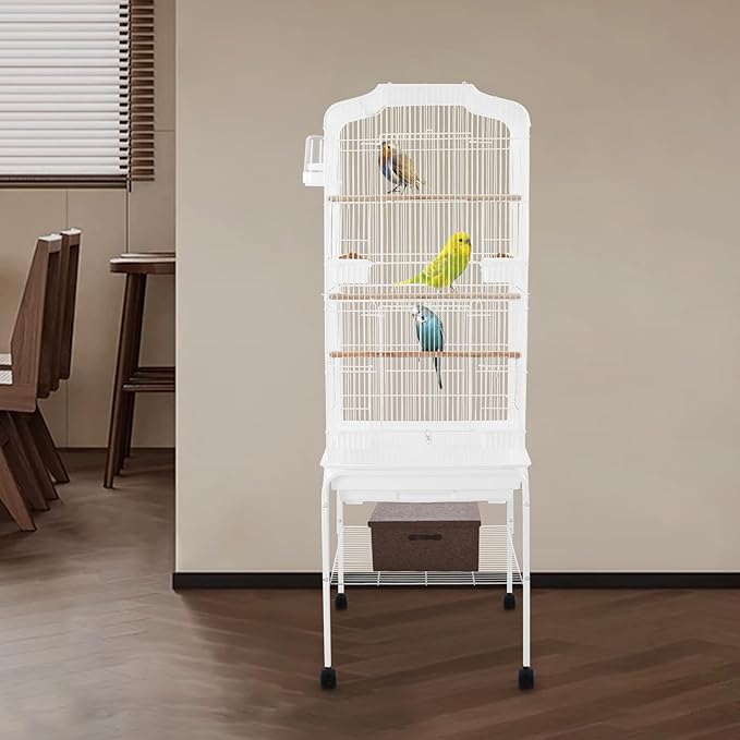 Freestanding Bird Cage Large Bird Cage with 4 Feeding Bowls & Waterer & 4 Universal Wheels & 2*Brake & Storage Rack & Slide-Out Tray & Mesh Panel Budgie Aviary for Balconies, in Homes, Shop（White）