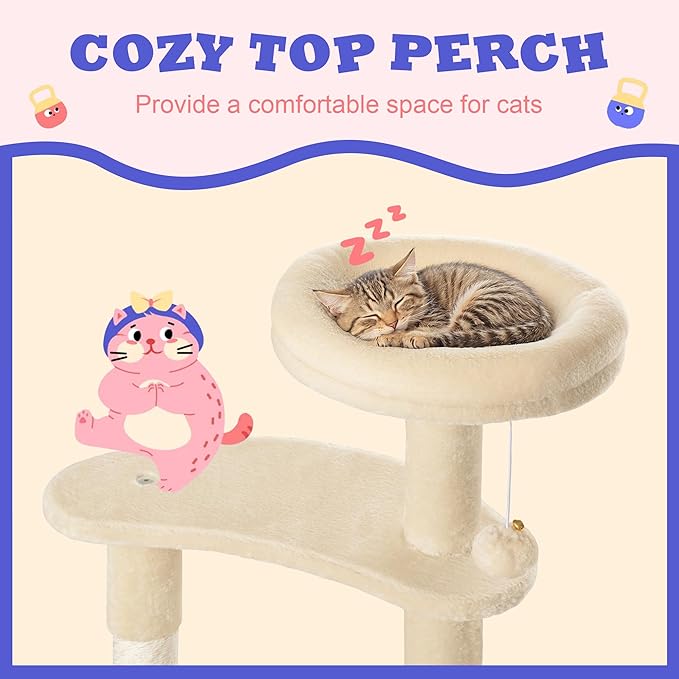 Allewie 55.5 in Cat Tree for Indoor Kitties/Soft Plush Perches/Multi-Level Cat Tower/Sisal Scratching Posts/Crescent Plates/Round Jumping Board/Hanging Ball/Pet Activity Center/Beige