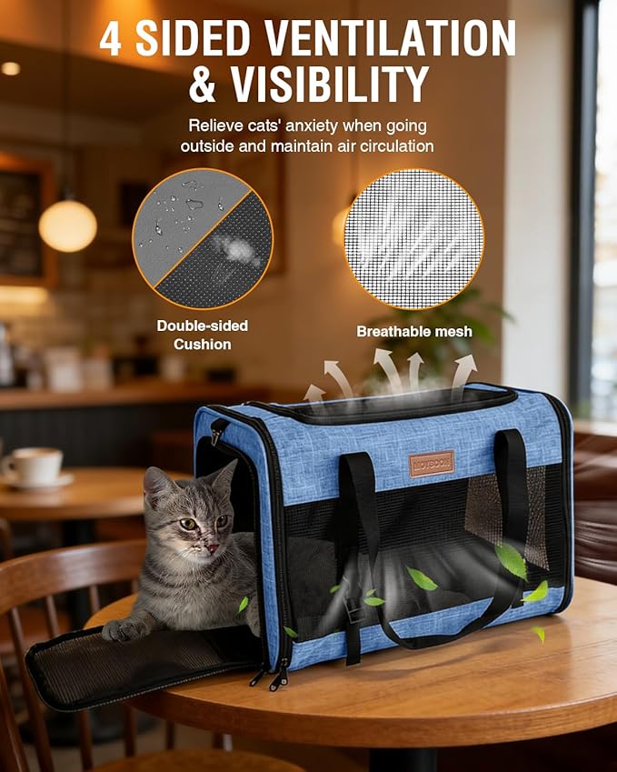 PETUX Large Pet Carrier for Large Cats ＆ Small Dogs - Up to 20Lb, Top and Side Entry, 4 Side Breathable, Foldable Soft Cat Travel Carrier with Safety Car Seat Buckle and Anti-Scratch Mesh - Blue