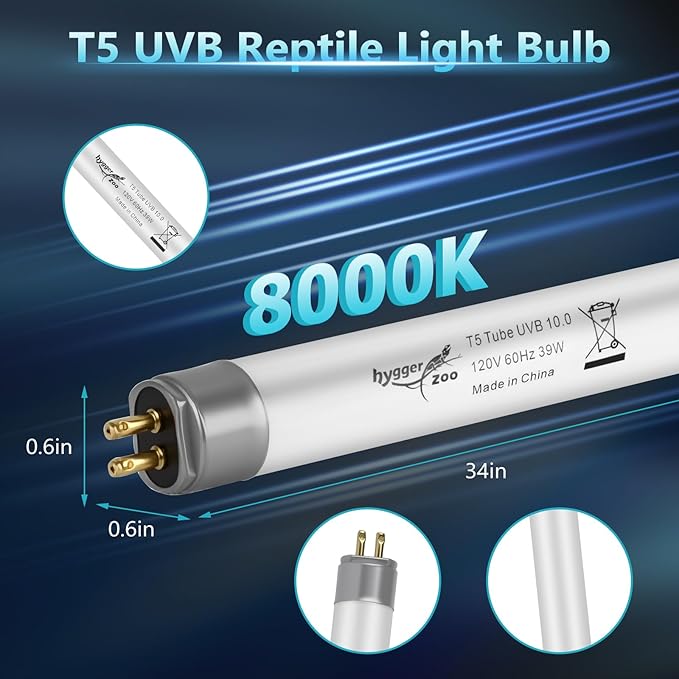 T5 UVB Reptile Light 39W 10.0 + UVA Light Bulb for Reptiles, 2-Pack Lamp Tube for Bearded Dragon, Desert-Grade Reptile UVB lamp Fixture