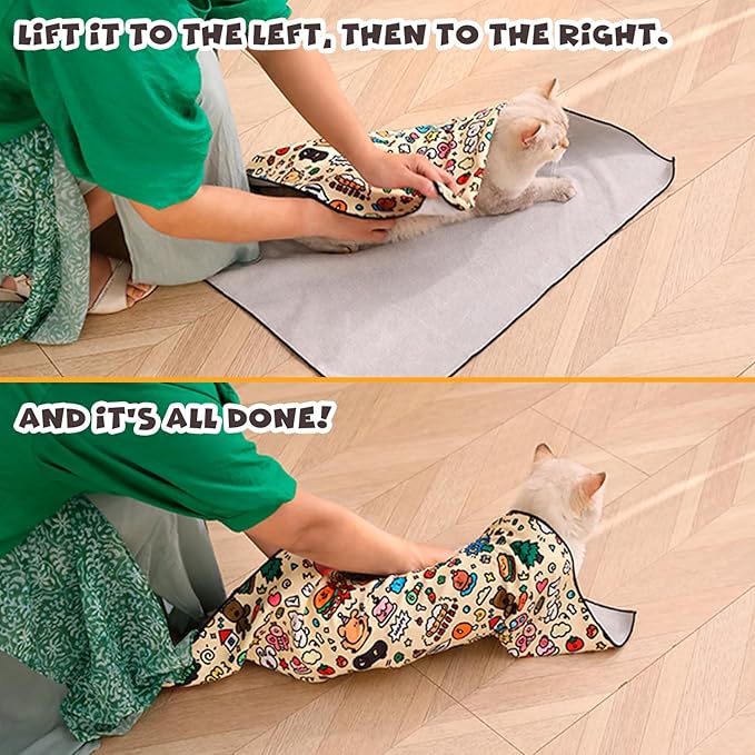 Cat Grooming Wrap, Self-Adherent Soft Cat Blanket to Wrap, Nail Clipping, Anti-Bite, Anti-Scratch, Anti-Escape Calming Wrap (Cute Prints, 6-10 lbs)