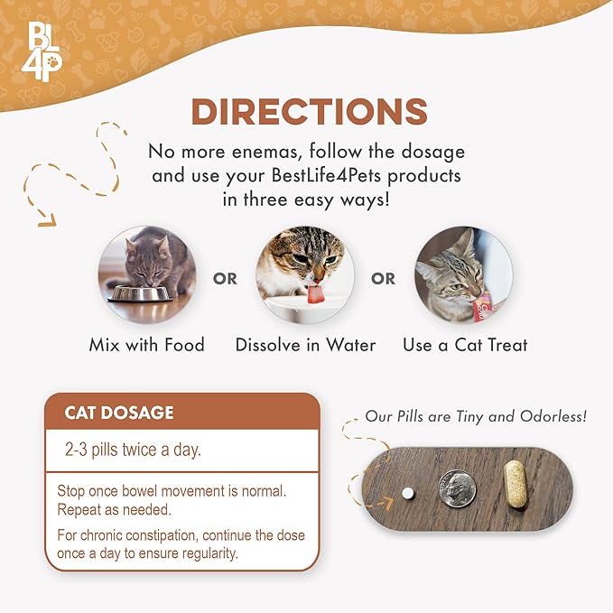 Cat Laxative Constipation Relief, Natural Cat Stool Softener Remedy for Irregular Bowel Movements Without Feline Diarrhea, Supports Feline Digestion & Gas Pain Relief, 400 Odorless, Tasteless Pills