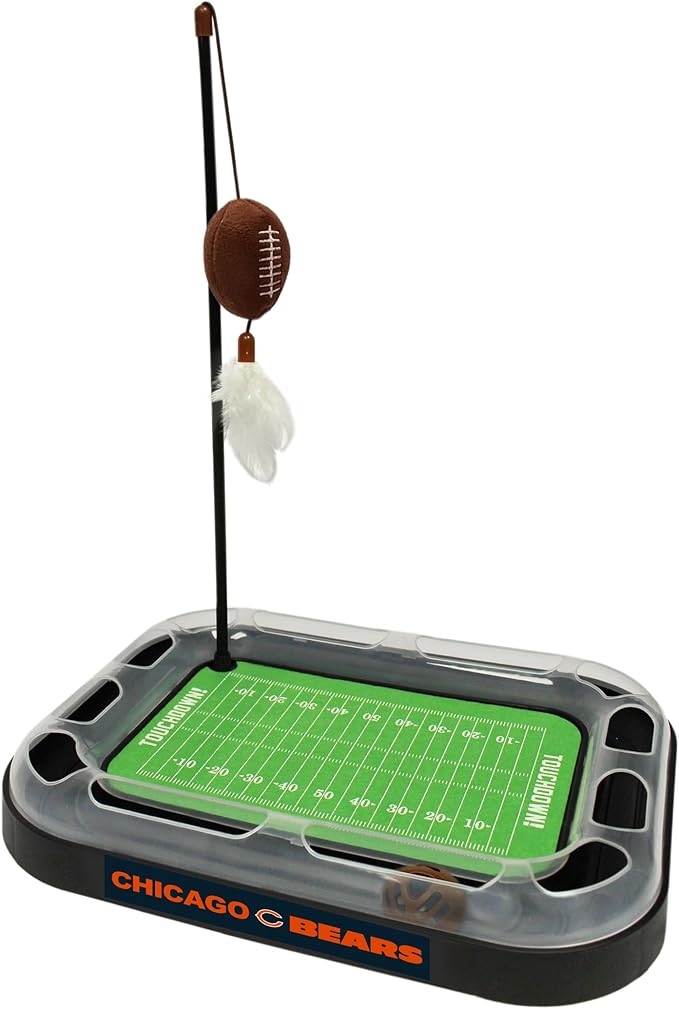 Pets First Cat Scratcher NFL Chicago Bears Football Field CAT Scratcher Toy with Catnip Filled Plush Football Toy & Feather Cat Toy Hanging & Jingle Bell Interactive Ball Cat Chasing 5-in-1 Kitty Toy
