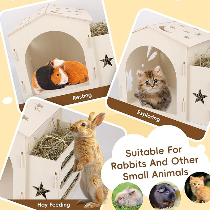 Extra Large Rabbit House & Rabbit Hay Feeder, Indoor Bunny Castle with Feeder, Small Animal Houses & Habitats and Guinea Pig Hay Feeder