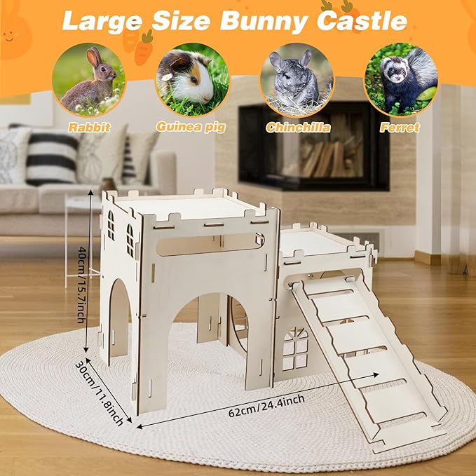 Rypet Large Wooden Rabbit Castle Bunny House, Sturdy Wood Bunny Castle with Stair, Detachable Rabbit Hideaway Breathable Small Animal Indoor Playhouse for Rabbits Hamster Guinea Pig Chinchilla Ferret