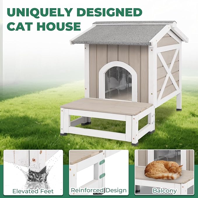 Small Outdoor Cat House Weatherproof, Wooden Cat House with Openable Roof, 2 Doors, Balcony, Outside Indoor Pet Feral Cats Houses Shelter with Elevated Feet for Small Animals, Grey