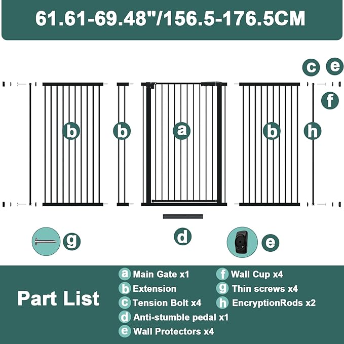 40.55" Tall, 69.48-77.36 Inch Wide, 1.37" Ultra Narrow Spacing Dog Pet Baby Gate Indoor for Doorway Hallway, Pressure Mounted 70 71 72 73 74 75 76 77 Inches Wide Black