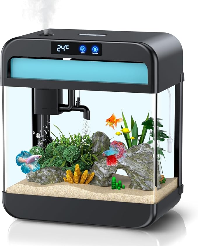 Fish Tank 2.2 Gallon Fish Bowl with Humidifier 7 Color Auto-Looping Light Aquarium Tank with 3 in 1 Silent Pump with Filteration & Oxygenation & Circulation(Black-2.2 Gallon)