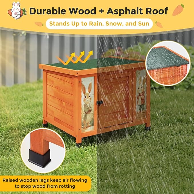 COZIWOW 24 Inch Rabbit Hutch Outdoor, Weatherproof Cat House, Bunny Cage Indoor with Non-Slip Ramp, Portable Wooden Shelter for Rabbits, Feral Cats, Chicken, Duck & Other Small Animals (Orange)