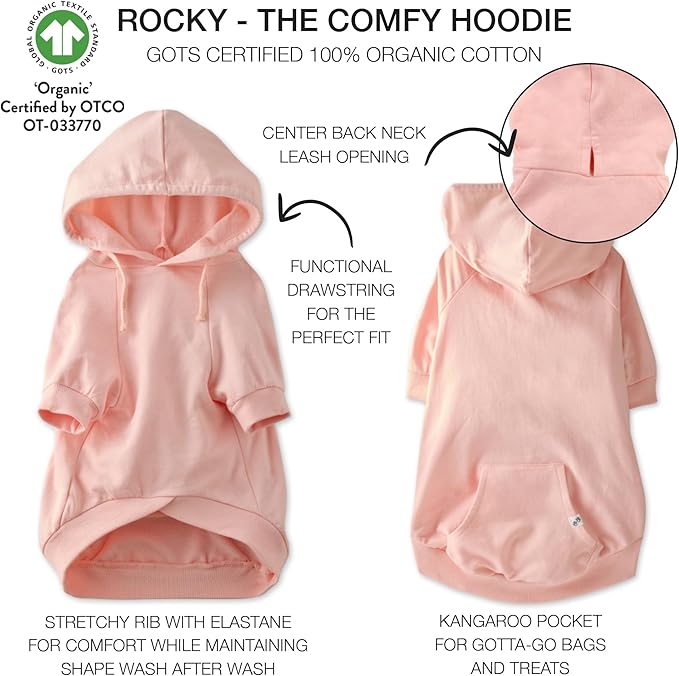 Rocky – The Orginal Lightweight Hooded TEE 100% Organic Cotton Dog Hoodie Pet Coat Sweater for Small, Medium, Large Dogs, Pink, XX-Small